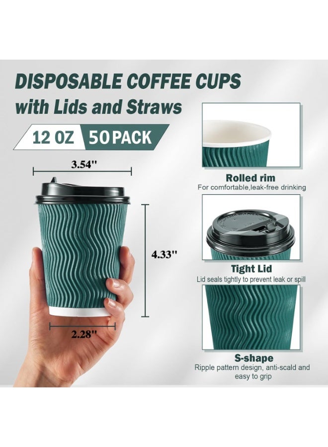 AoMige Disposable Coffee Cups with Lids and Straws (50 Set), Ripple Insulated Triple Corrugated Paper Cups,Durable Reusable Hot Paper Cups for Hot/Cold Beverages Espresso Tea Water (12 oz) - Image 2